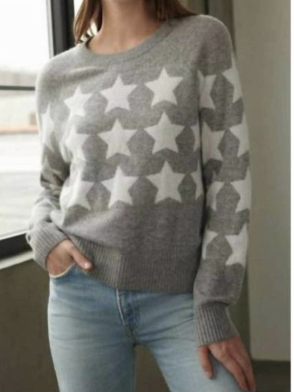 WHITE + WARREN Anthropologie Gray Star Pattern Crewneck Cashmere Sweater Small